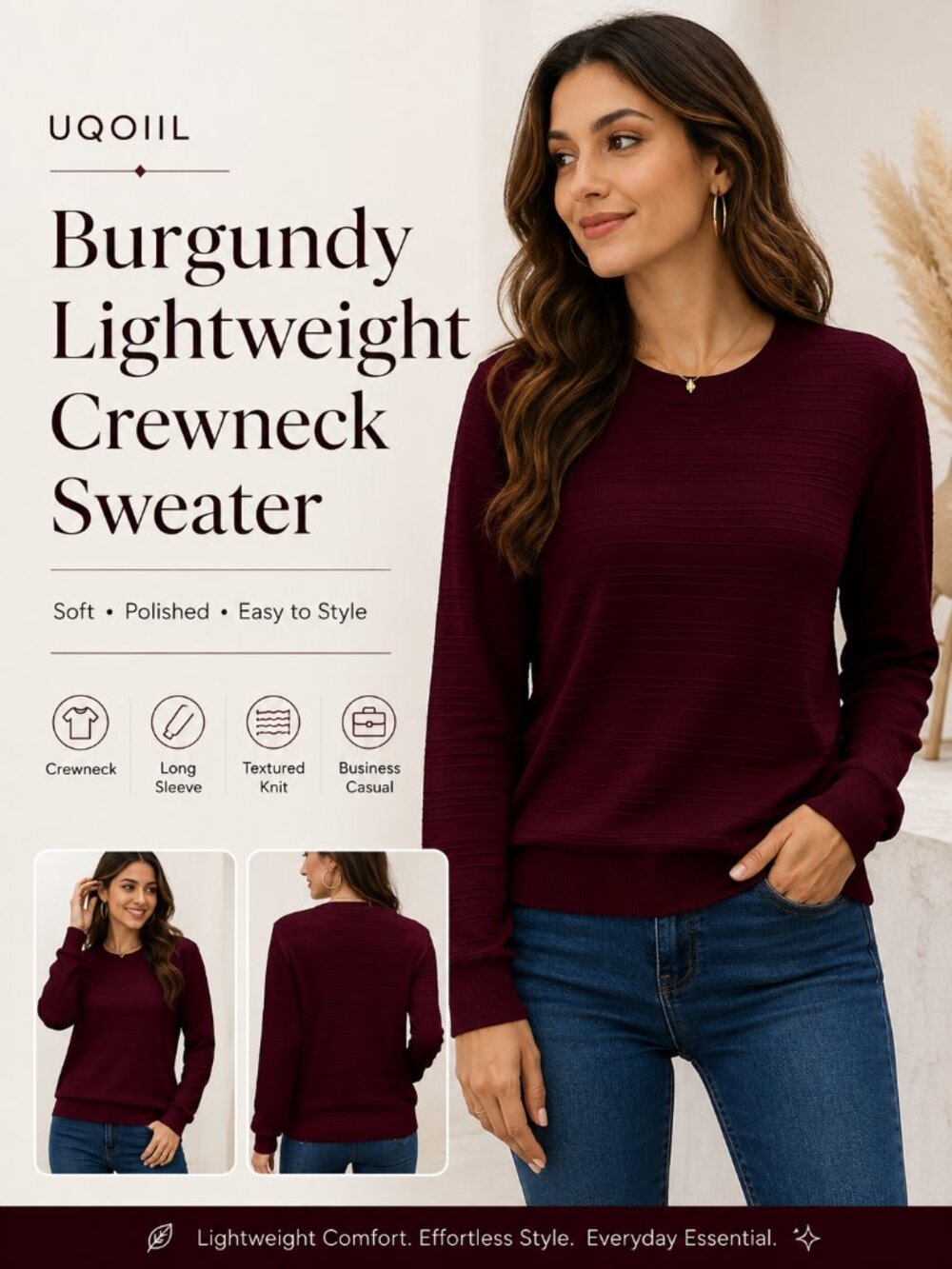 Women’s Burgundy Lightweight Crewneck Sweater Long Sleeve Classic Fit Pullover T